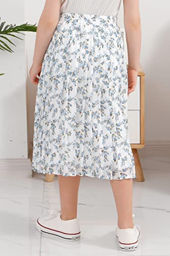 Gorlya Girls Chiffon Pleated Elastic High Waist A-Line Boho Swing Maxi Long Skirt 4-14T (Gor1115, 14Y, Whiteprint) #TOP1