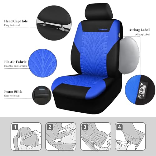 Image of CAR PASS Car Seat Covers Two Front Only for Car, 3D Tyre Print Automotive Interior Covers, Airbag Compatible, Quick Setup Universal Fit Seat Covers for Car, Truck, SUV(Black and Blue)