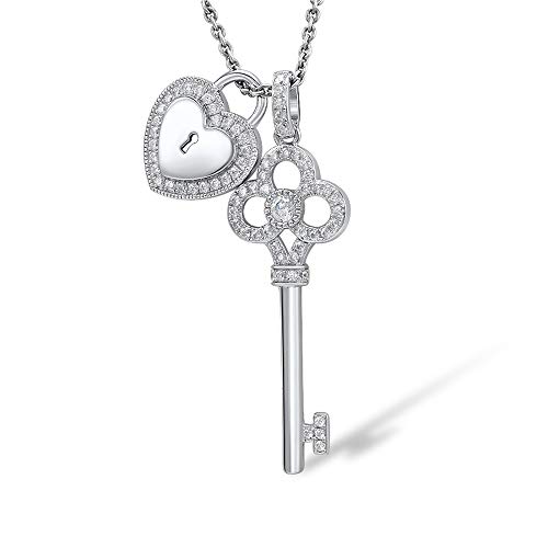 Collier argent 925 femme avec pendentif clé cadenas coeur serti de zircons