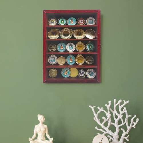 Image of FramePro 11x14 Display Case with Adjustable Shelves Cherry, 4-Tier Memory Shadow Box for Wall, Deep Wooden Keepsake Display Shelf with Locking Door for Memorabilia, Photos, Medals, Wedding, Home Decor