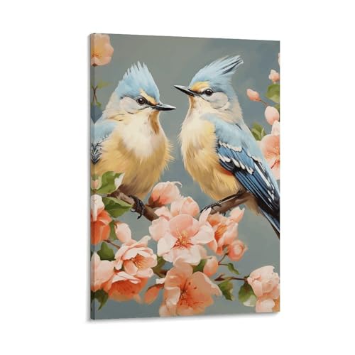 Toile murale oiseaux et fleurs 40x60cm avec cadre suspendu en bois