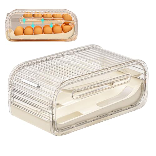 Bandeja De Huevos - Soporte De Huevos De Rodamiento Automático, Tapa Deslizante De 2 Niveles, Organizador De Refrigerador | Bandeja Poco Sobresplandor Para Despensa, Armario De Almacenamiento, Hogar