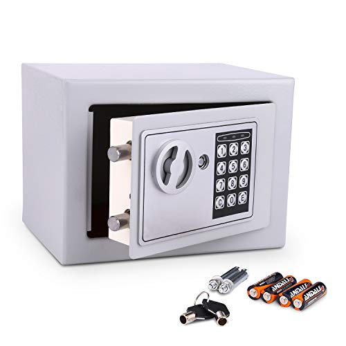 Meykey Caja fuerte electrónica, caja fuerte pequeña, 2 llaves para apertura de emergencia, 23 x 17 x 17 cm, gris plata Cover