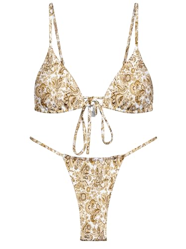 Image of OWICA Women's Sexy Triangle Bikini Sets Cheeky Thong Swimsuit Adjustable Spaghetti Straps Bathing Suit