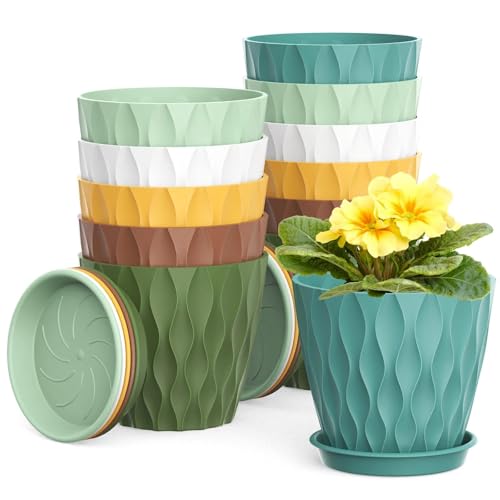 DAILIENFUS 12er Set Blumentöpfe - Hochwertige Kunststoff Töpfe für Zimmerpflanzen innen & Outdoor, mit praktischen Löchern und passenden Untersetzer, 10cm Durchmesser.(Bunt)
