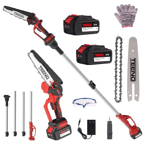 Scie à chaîne télescopique TEENO, scie à chaîne électrique, scie à chaîne électrique 2 en 1, perche télescopique, 6 pouces, 2 batteries 4000 mAh, 2...