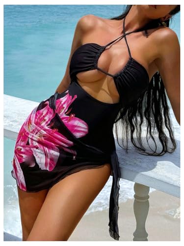 WDIRARA Women's One Piece Swimsuit Tummy Control Bathing Suit Sexy Floral High Cut Out Ladies Swimwear with Skirt Coverup3