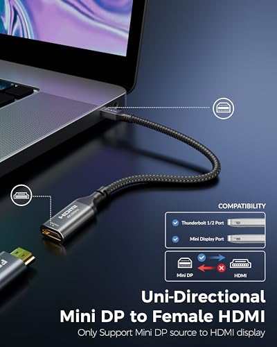 Image of FEDUS STRYKER-XY9 Mini DP to HDMI Cable Adapter 4K@60Hz, Mini DisplayPort (Thunderbolt 2 Compatible) to HDMI Female Converter, Gold-Plated Braided Cord for Mac,Surface Pro, Monitor,Projector (9 Inch)