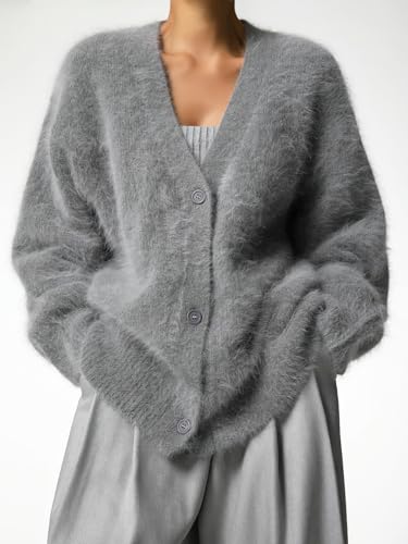Image of chouyatou Women Furry Open Front Cardigan V-Neck Loose Casual Fluffy Knit Button Down Sweater Coat