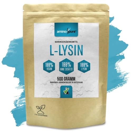 aminopure® Polvo de lisina pura | L-lisina pura sin aditivos | 250 porciones (2 gramos por día) | 100% vegano y libre de sustancias nocivas en laboratorio con certificado | 500 gramos