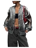 SHENHE Women's Y2k Sheer Bomber Jacket Oversized Lightweight Organza Zip Up Jacket Streetwear Grey Large