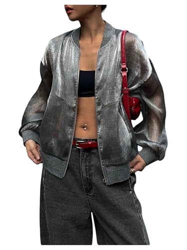 SHENHE Women's Y2k Sheer Bomber Jacket Oversized Lightweight Organza Zip Up Jacket Streetwear