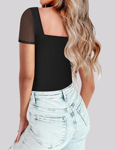 Chunpin Women's Mesh Square Neck Bodysuit Short Sleeve Long Sleeve Going Out Tops Thong Bodysuits Outfits3