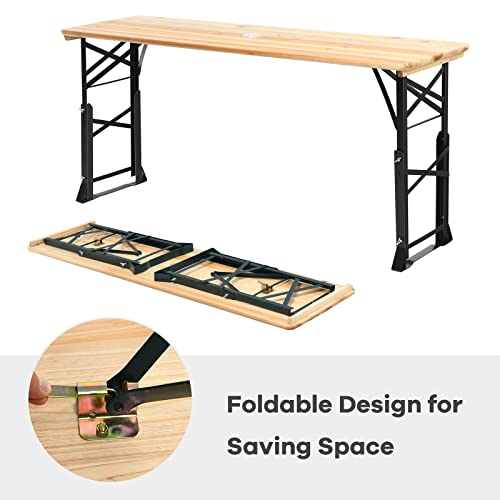 Goplus Folding Picnic Beer Table, Outdoor Camping Table With Umbrella Hole, Adjustable Heights And Wood Top, Portable Picnic Table For Patio Garden Party Backyard, No Assembly #TOP4