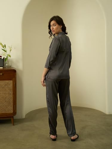 Image of STORIES OF BANNO'S SWAGGER Women Satin Solid Night Suit Set | Premium Soft Satin Nightwear Pajama Set | Stylish Comfortable Sleepwear for Ladies | Elegant Lounge Wear Night Dress