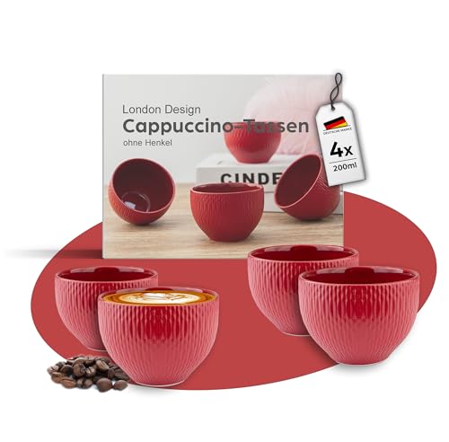 MELOX - 4er Set Cappuccino-Tassen Porzellan Rot - 4 x 200ml Tassen für Kaffee, Cappuccino & Macchiato - Kaffee-Becher dickwandig ohne Henkel - Kaffeetassen Coffee Cups im modernen Design