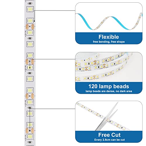 Image of White LED Strip Lights, 16.4ft Dimmable Smart LED Light Strip 6500K Bright Daylight White, Strong Adhesive, 600 LEDs Flexible Tape Lights for Vantiy Mirror, Kitchen Cabinet, Bedroom