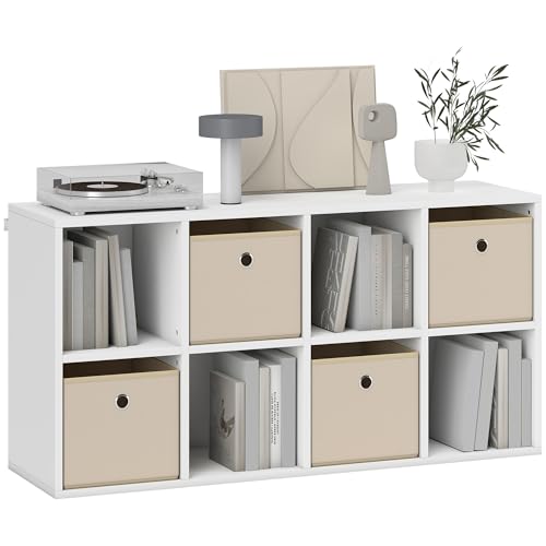 HOMCOM Estantería de 8 Cubos, Librería, Estantería para Libros con 4 Cajones de Tela, Horizontal o Vertical, para Salón, Dormitorio, Estudio, 105,9x30x53,7 cm, Blanco y Beige