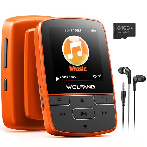 WOLFANG Reproductores MP3 de 64 GB con Bluetooth 5.2, Clip Deportivo, tamaño Mini, Peso de 1 Onza, Radio FM HiF, grabadora de Voz, Auriculares incluidos, Naranja