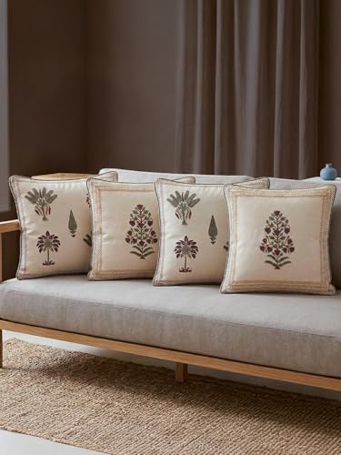 Image of Vatika Hand Block Print 100% Cotton Fabric Cushion Covers | Size - 16 x 16 Inches | Decorative Throw Pillow Covers for Sofa, Bed & Living Room | Soft & Durable Jaipuri Cushion Cover | Set of 4