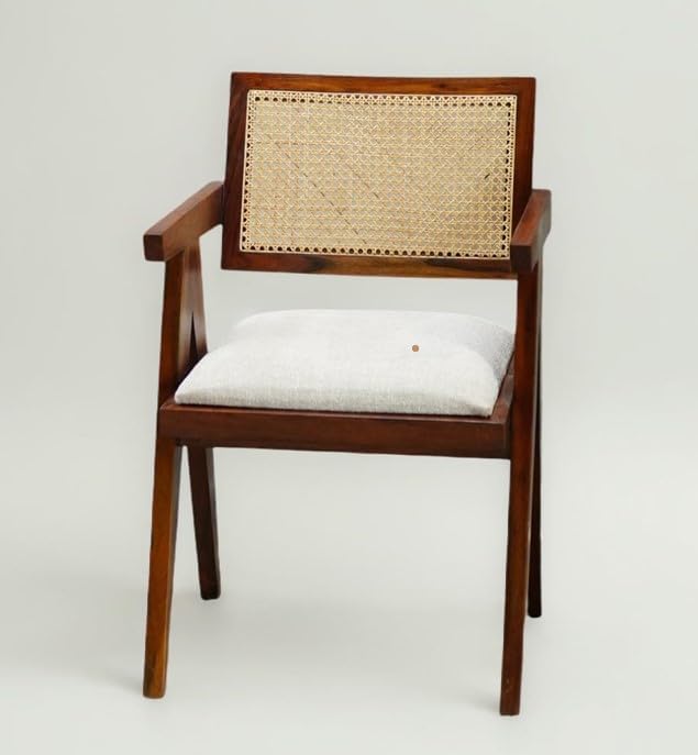 Image of Solid Sheesham Wood Arm Chair with Cushion and Cane Back Support Chair Living Room Bedroom Home Wooden Armchair Furniture Garden Balcony Outdoor & Indoor (Honey Brown)
