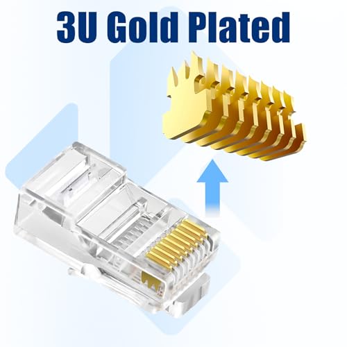 Image of 50 Pack Cat5e RJ45 Pass Through Connectors, UTP Ethernet Cable Ends | Awishwell Cat5 RJ45 Connector Plugs for Solid & Stranded Wire, Modular Crimp Ends for Network LAN Cable Termination
