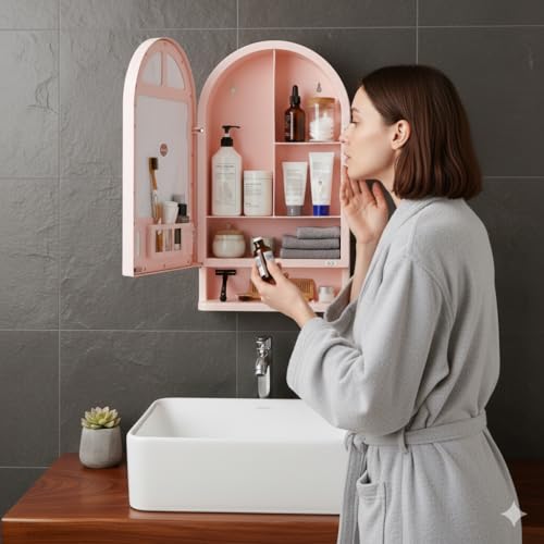 Image of BRANCO Plastic Ideal Mirror Cabinet | Multipurpose Cabinet | Wall Mounted Hanging Mirror Bathroom Accessories | Mirror Cabinet for Living Room, Bathroom, Bedroom (Pink)