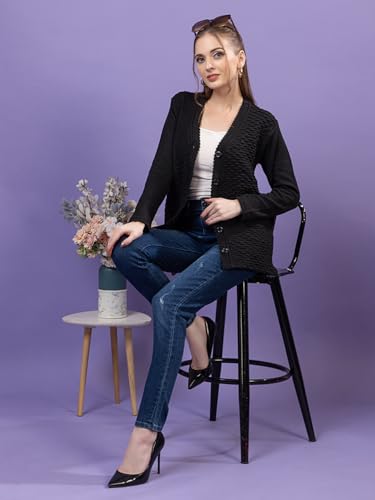 Image of Women's Winter Woolen Cardigan | Full Sleeve Textured Buttoned Sweater for Women | Soft Wool V-Neck Warm Knitted Outerwear for Office & Casual Wear