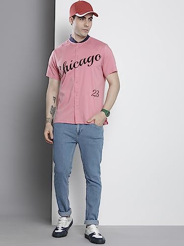Image of The Indian Garage Co Men Cotton Regular Fit Placement Print Half Sleeves Baseball Collar Casual Shirt