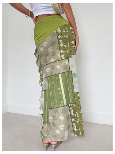 Milumia Women's Floral Patchwork Long Skirt Asymmetrical High Slit Ruffle Hem Bodycon Skirts3
