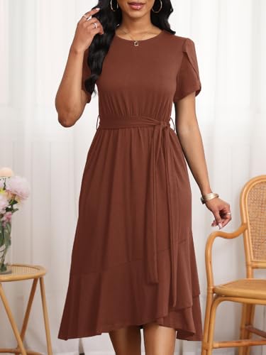 Image of PerZeal Women's Summer Dress Casual Ruffle Sleeve Crewneck A-Line Tiered Flowy Short Sleeve Long Dress with Belt