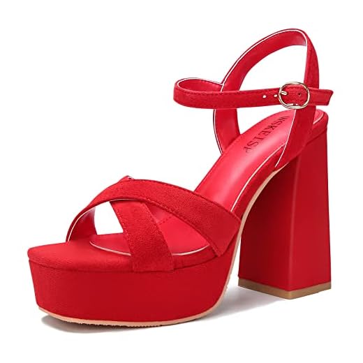 WSKEISP Sandálias Femininas De Salto Grosso, Plataforma Vermelha, Bico Aberto, Tira Alta, Alto, Festa Casamento, Tamanho 11,5