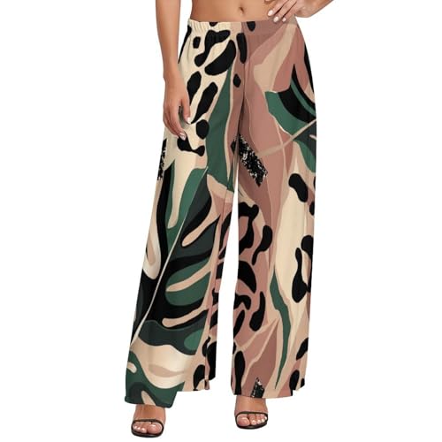 Womens Wide Leg Pants Animal Skin with Flowers Casual High Waist Long Palazzo Pants Lounge Beach Trousers