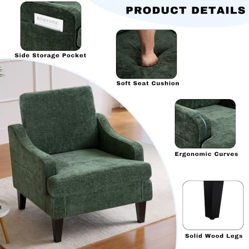 Image of Accent Chair for Living Room,Mid-Century Arm Chair Chenille Fabric Living Room Chairs,Upholstered Reading Chair for Bedroom,Single Sofa Chair with Wood Legs for Apartment (Green)