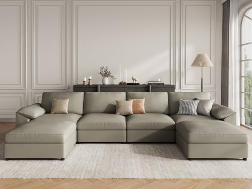 Image of EASE MOOSE Oversized U Shaped Couch,Modular Sectional Convertible Sofa with Wide Deep,Extra Large Faux Leather Scratch Resistant Modern Couch for Big Spaces,Light Grey