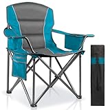 LANMOUNTAIN Oversized Padded Camping Chairs for Adults,Heavy Duty Support 400 Lbs,Folding Portable Lawn Chair w/Cup Holder,Cooler Bag,Side Pocket,Perfect for Outdoor Picnic,Hiking(Blue)