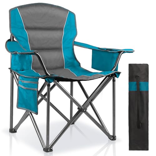 LANMOUNTAIN Oversized Padded Camping Chairs for Adults,Heavy Duty Support 400 Lbs,Folding Portable Lawn Chair w/Cup Holder,Cooler Bag,Side Pocket,Perfect for Outdoor Picnic,Hiking(Blue)