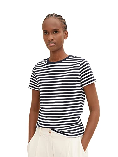 Tom Tailor Denim Damen Boxy Fit T-Shirt mit Streifen aus Bio-Baumwolle, 29133 - White Blue Stripe, M