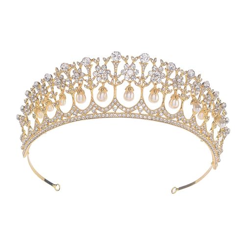 Tiara nupcial dorada T11895g con perlas para bodas de noche