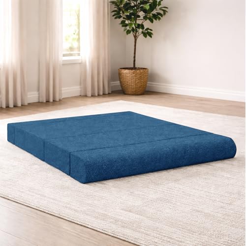 Image of Foldable Three Seater Sofa Bed 5 X 6 Ft Jute Fabric Washable Cover Sofa Cum Bed with Cushions Convertible Sofa Bed for Home (Blue Color - Pre-Assembled)
