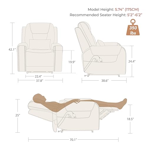 CHITA Electric Power Lift Recliner Chair for Elderly with Massage and Heat, Large Lay Flat Genuine Leather Recliner Chair with Cup Holders, USB Ports, Power Headrest, Independent Backrest, Saddle - Thumbnail 3