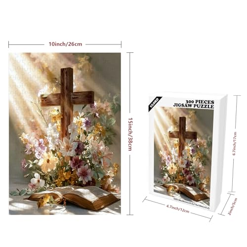 Rompecabezas de 300 piezas para adultos Cruz Cristiana 15x10 pulgadas | Rompecabezas bíblico religioso con flores de margarita para adultos y niños decoración del hogar regalo de cumpleaños juguetes miniatura 2