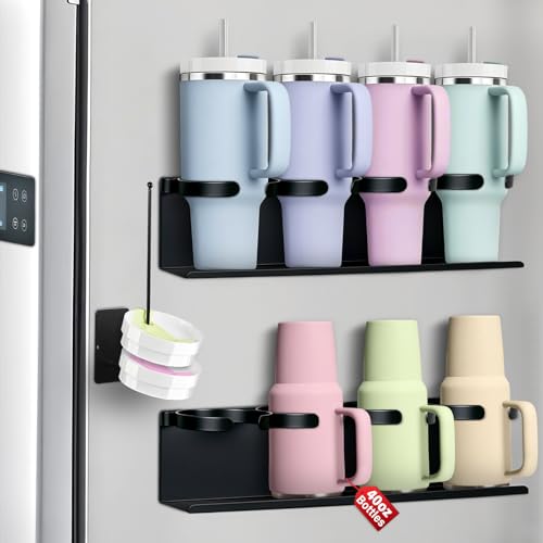 Magnetic Cup Holder for Fridge,8 Cups Water Bottle Organizer for Stanley 30 40 oz with Tumbler Lid Organizer,High Capaci - Detailed View