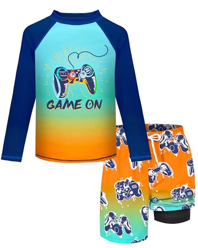 Boys Rash Guard Swim Set with Swim Trunks Bathing Suit Long Sleeve Swim Shirt Quick Dry Swimsuit Kids Gamepad Swimwear Size 10-12