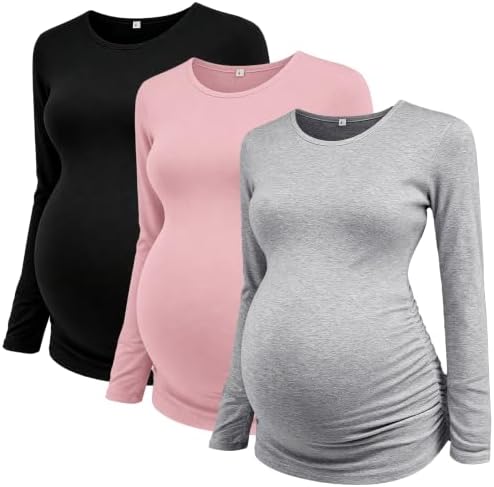 Love2Mi 3er Pack Umstandsshirt Damen Langarm für Schwangerschaft | Weiches Stretchmaterial, Seitliche Raffungen, Klassischer Schnitt, Vor & nach der Schwangerschaft, Alltag & Freiz