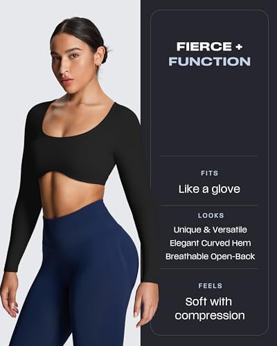 Image of Aoxjox Women's Define Sculpt Long Sleeve Crop Tops | buttery soft fabric,curved hem,hollow back, low support, removable pads, workouts,yoga,gym, daily wear