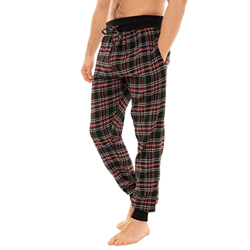 Pijama para hombre con parte inferior de tartán a cuadros lisos para dormir suave y cálido forro polar S-XXL frío invierno cálido para correr estilo jogger con bolsillos negro/gris Negro/Rojo Check XL Cover