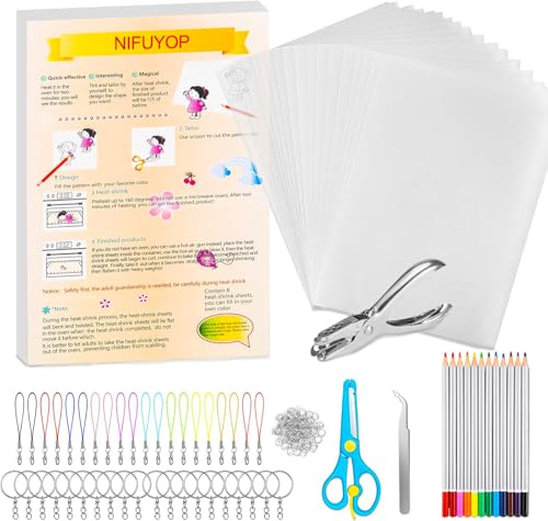 NIFUYOP Shrinky Dink Sheets Kit, 175 Shrinky Dink Keychain Kit with 20 Shrink Paper Film Sheets and 155 Pieces Accessories for Making Key Chains, Christmas Ornaments, Birthday Presents, Craft