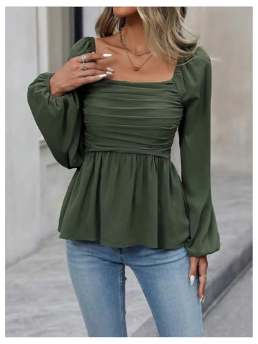 Floerns Women's Bishop Long Sleeve Ruched Square Neck Ruffle Hem Peplum Blouse Top4