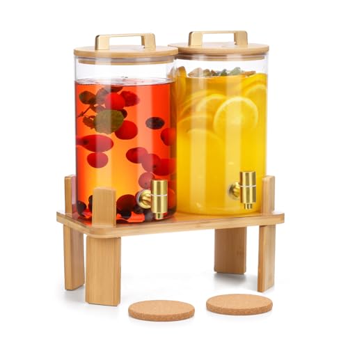 1 Gallon 2 PCS Glass Beverage Dispenser, Drink Dispensers for Parties, Lemonade Dispenser with Airtight Valve and Stainless Steel Spigot for Party,Lemonade,Juice, Tea